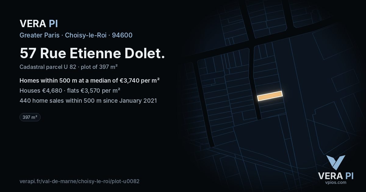57 Rue Etienne Dolet, Choisy-le-Roi at night – the plot lit, the parcels around coloured by the prices near them