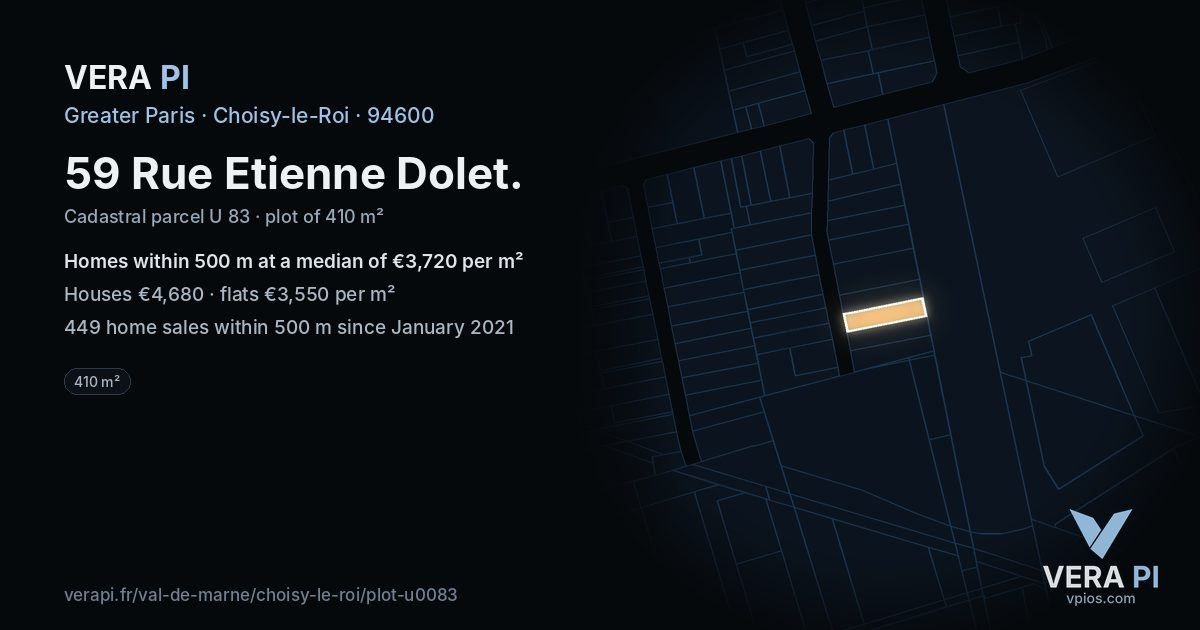 59 Rue Etienne Dolet, Choisy-le-Roi at night – the plot lit, the parcels around coloured by the prices near them