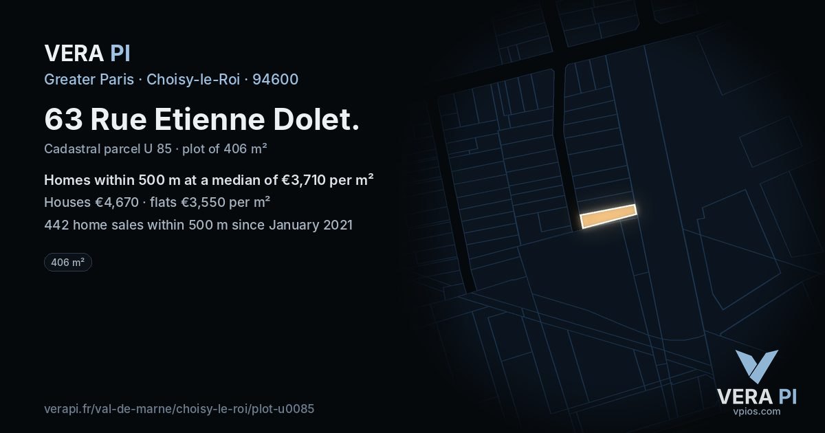 63 Rue Etienne Dolet, Choisy-le-Roi at night – the plot lit, the parcels around coloured by the prices near them
