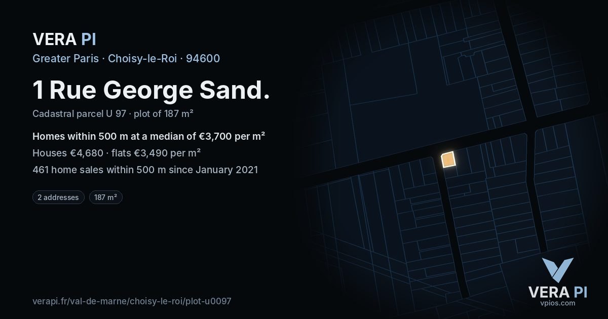 1 Rue George Sand, Choisy-le-Roi at night – the plot lit, the parcels around coloured by the prices near them