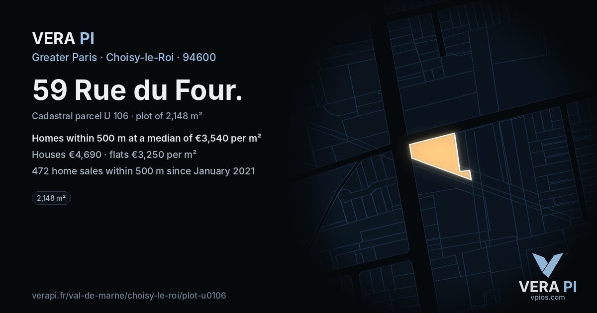 59 Rue du Four, Choisy-le-Roi at night – the plot lit, the parcels around coloured by the prices near them