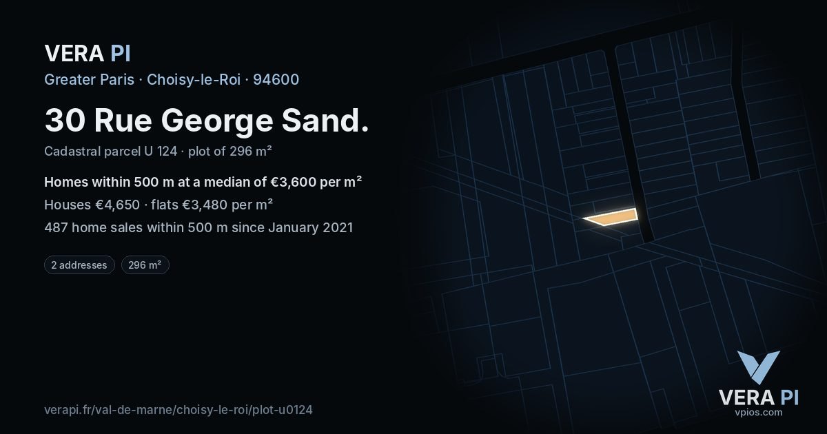 30 Rue George Sand, Choisy-le-Roi at night – the plot lit, the parcels around coloured by the prices near them