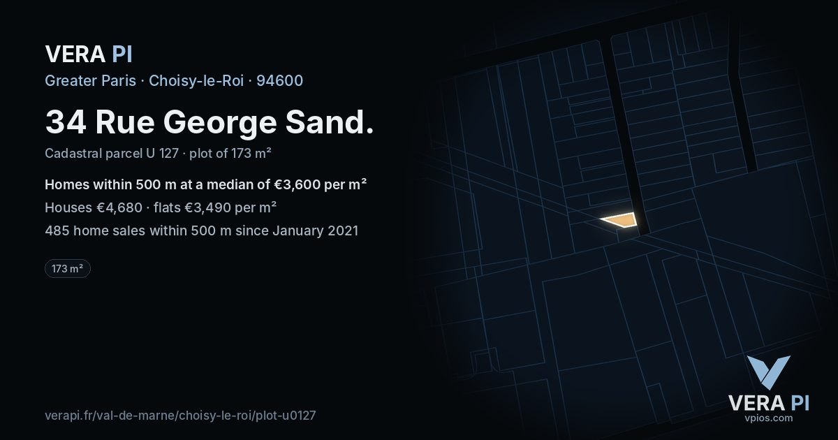 34 Rue George Sand, Choisy-le-Roi at night – the plot lit, the parcels around coloured by the prices near them