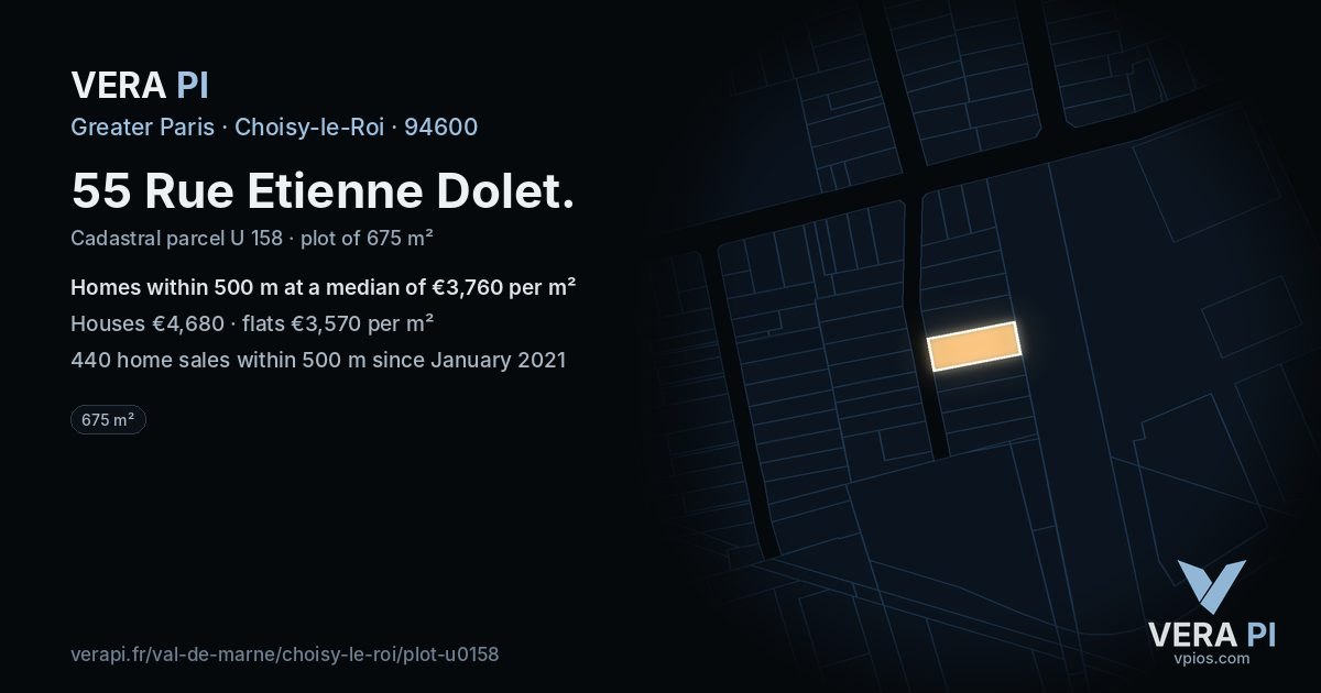 55 Rue Etienne Dolet, Choisy-le-Roi at night – the plot lit, the parcels around coloured by the prices near them