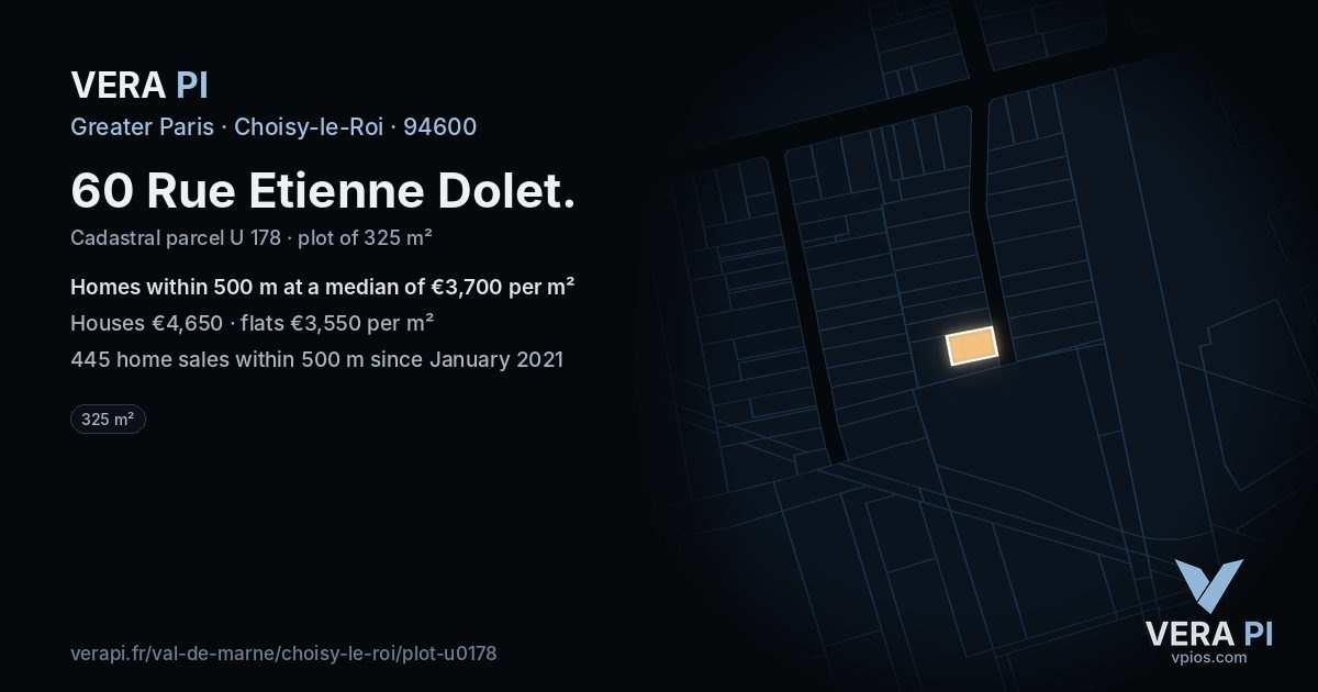 60 Rue Etienne Dolet, Choisy-le-Roi at night – the plot lit, the parcels around coloured by the prices near them