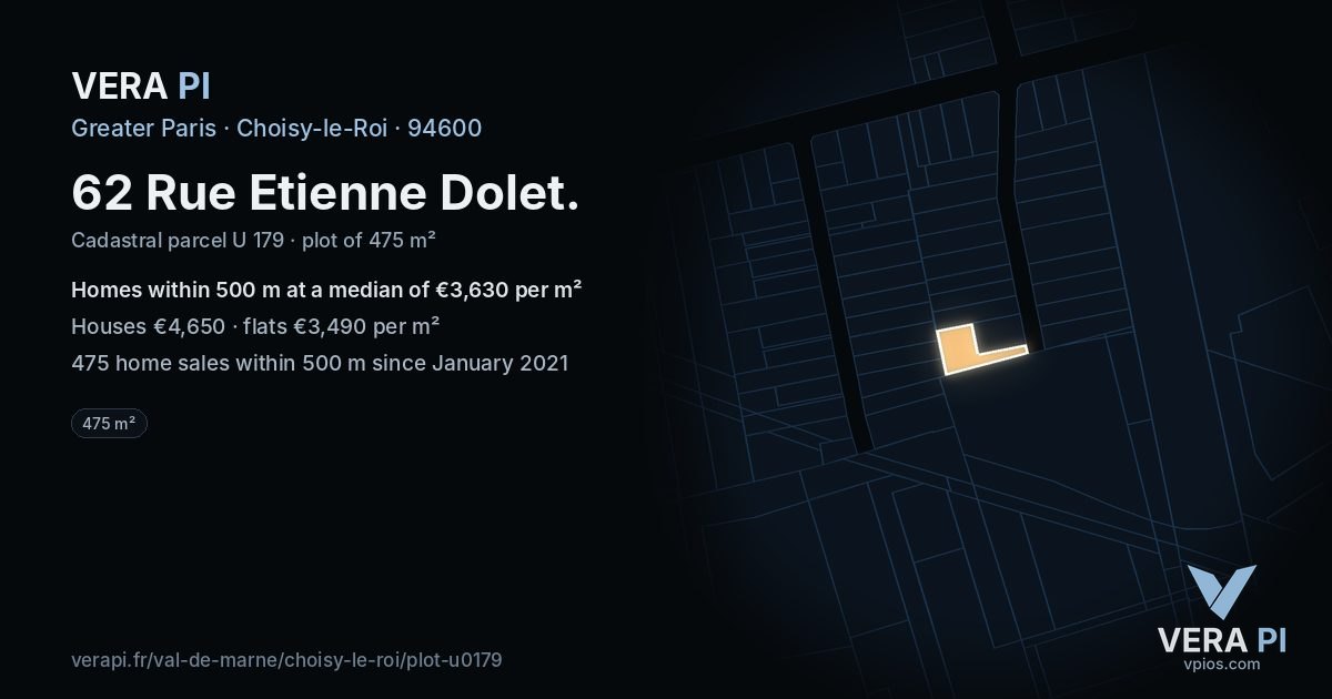 62 Rue Etienne Dolet, Choisy-le-Roi at night – the plot lit, the parcels around coloured by the prices near them