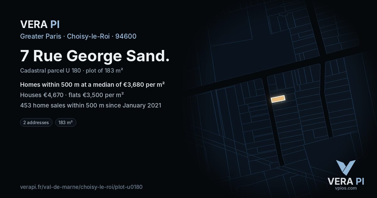 7 Rue George Sand, Choisy-le-Roi at night – the plot lit, the parcels around coloured by the prices near them