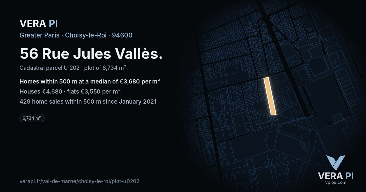 56 Rue Jules Vallès, Choisy-le-Roi at night – the plot lit, the parcels around coloured by the prices near them