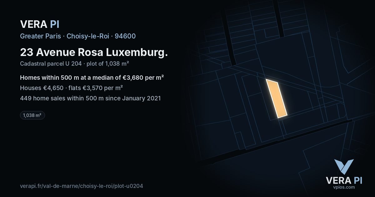 23 Avenue Rosa Luxemburg, Choisy-le-Roi at night – the plot lit, the parcels around coloured by the prices near them