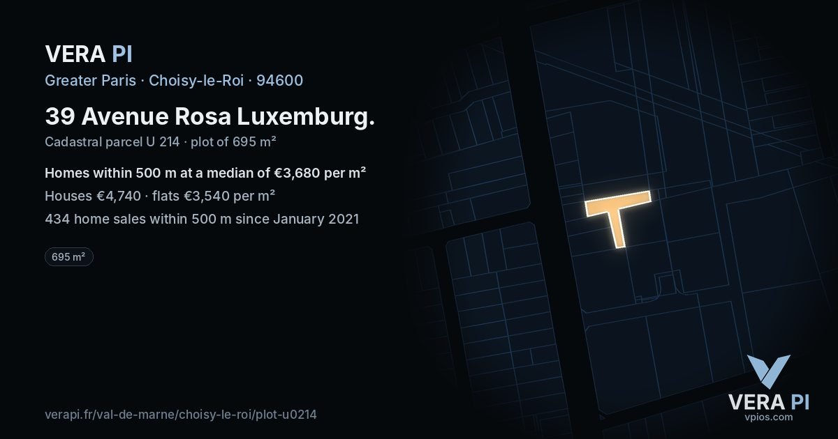 39 Avenue Rosa Luxemburg, Choisy-le-Roi at night – the plot lit, the parcels around coloured by the prices near them