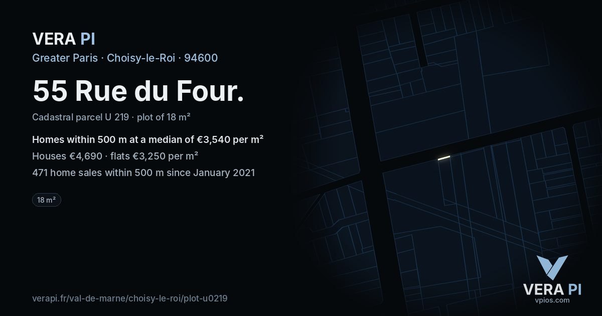55 Rue du Four, Choisy-le-Roi at night – the plot lit, the parcels around coloured by the prices near them