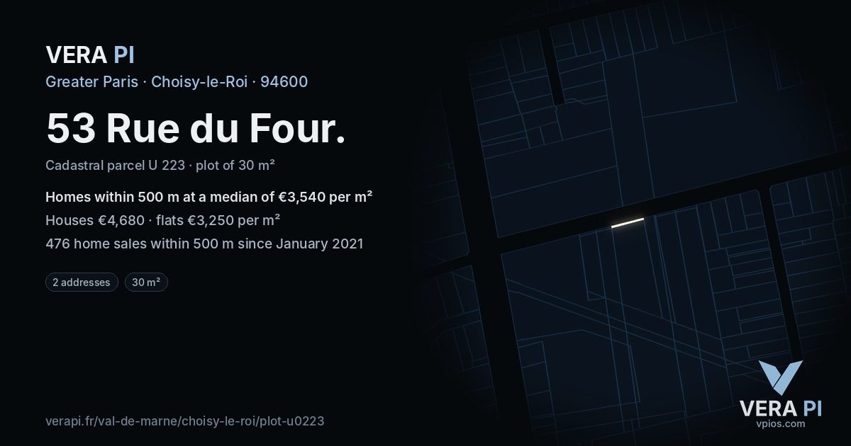 53 Rue du Four, Choisy-le-Roi at night – the plot lit, the parcels around coloured by the prices near them