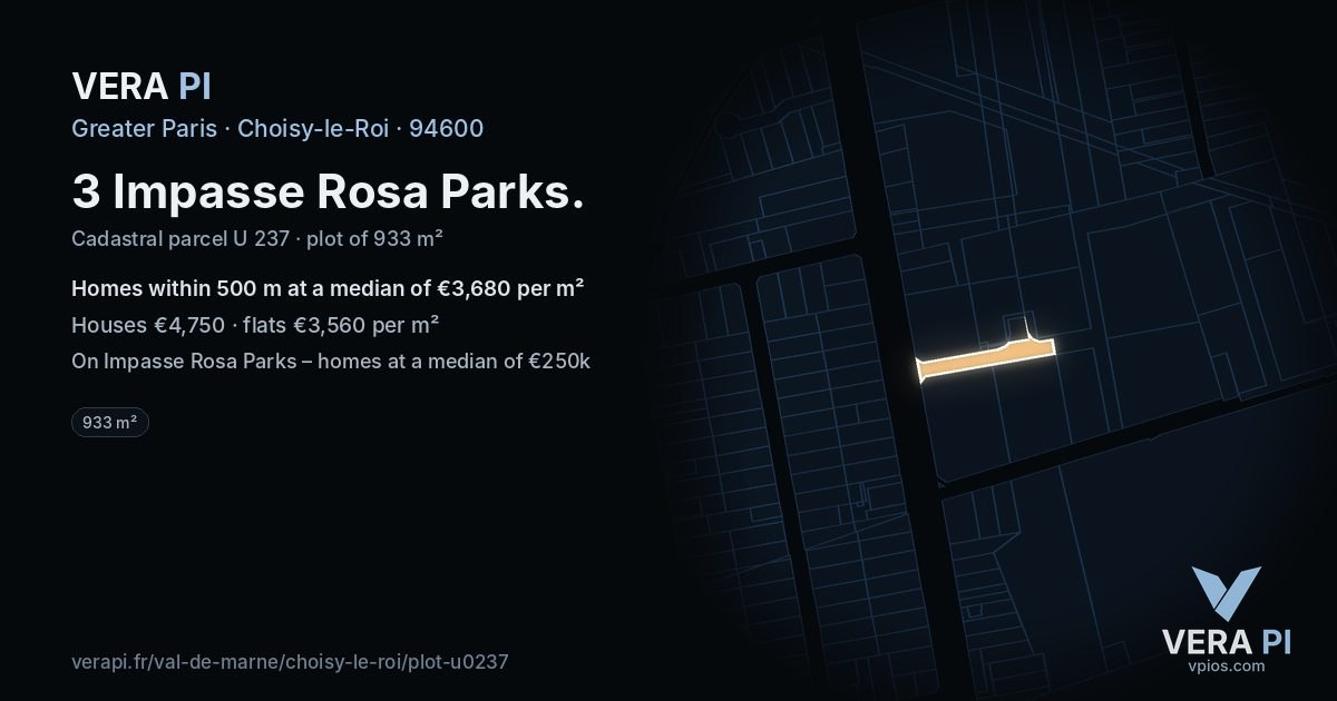 3 Impasse Rosa Parks, Choisy-le-Roi at night – the plot lit, the parcels around coloured by the prices near them