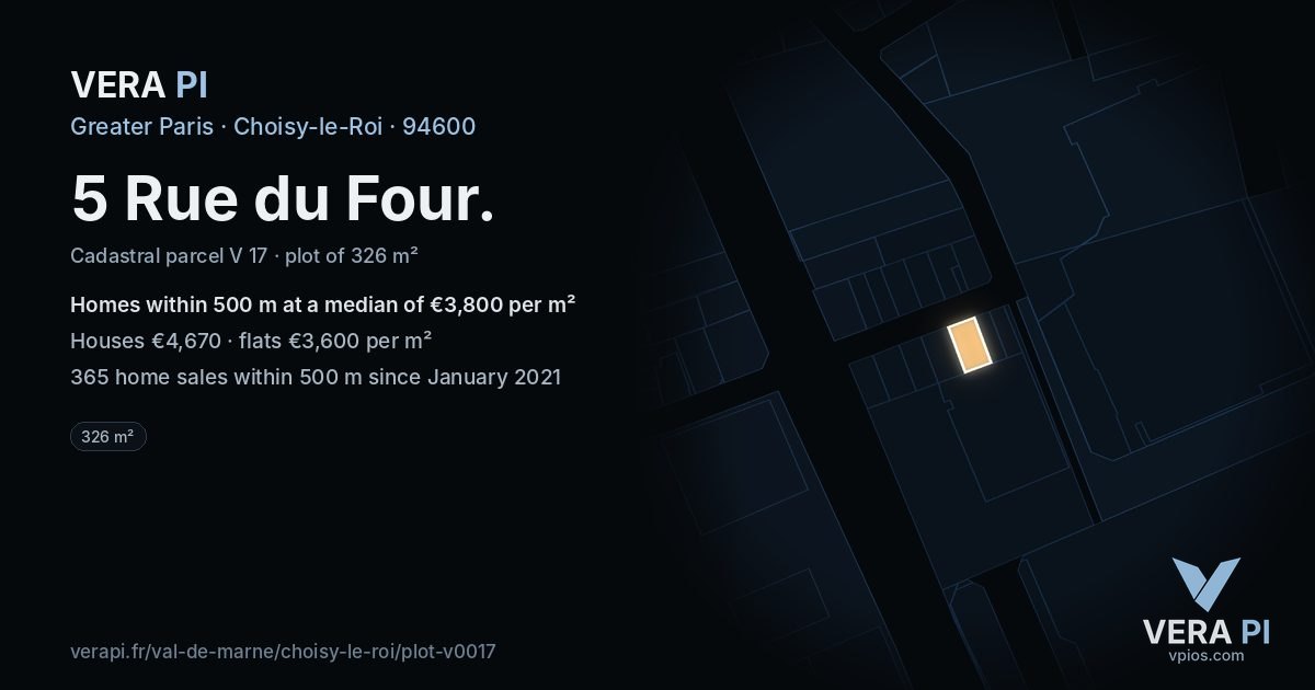 5 Rue du Four, Choisy-le-Roi at night – the plot lit, the parcels around coloured by the prices near them