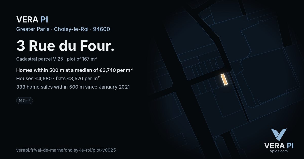 3 Rue du Four, Choisy-le-Roi at night – the plot lit, the parcels around coloured by the prices near them