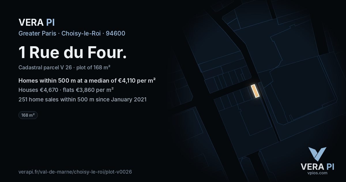 1 Rue du Four, Choisy-le-Roi at night – the plot lit, the parcels around coloured by the prices near them