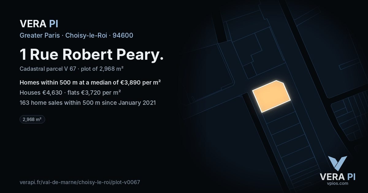 1 Rue Robert Peary, Choisy-le-Roi at night – the plot lit, the parcels around coloured by the prices near them