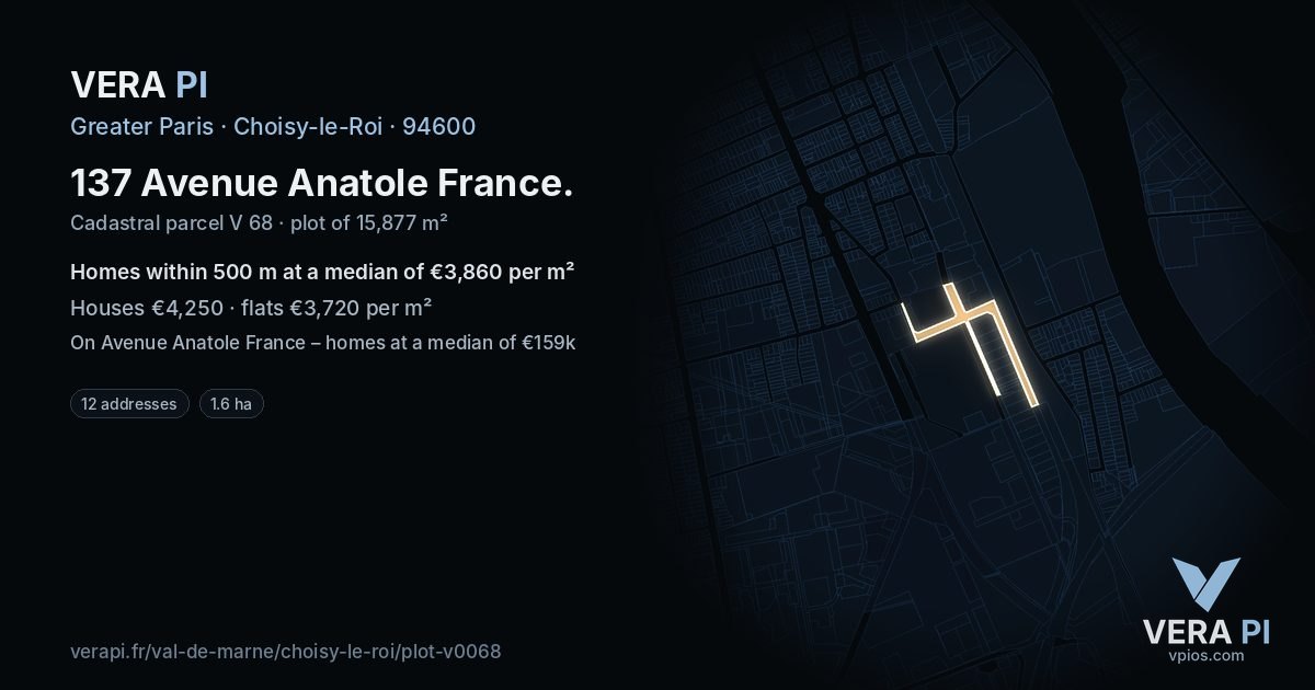 137 Avenue Anatole France, Choisy-le-Roi at night – the plot lit, the parcels around coloured by the prices near them