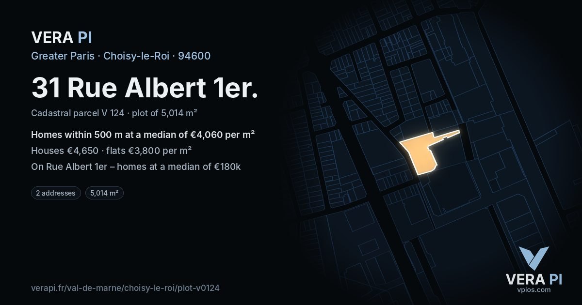 31 Rue Albert 1er, Choisy-le-Roi at night – the plot lit, the parcels around coloured by the prices near them