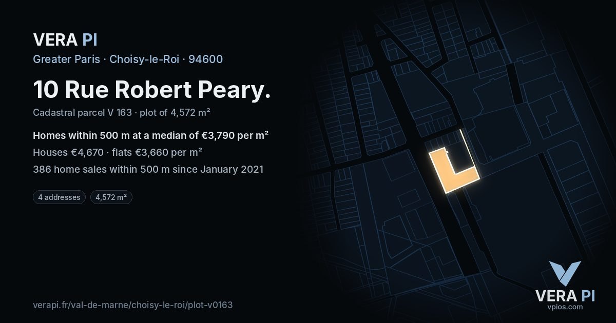 10 Rue Robert Peary, Choisy-le-Roi at night – the plot lit, the parcels around coloured by the prices near them