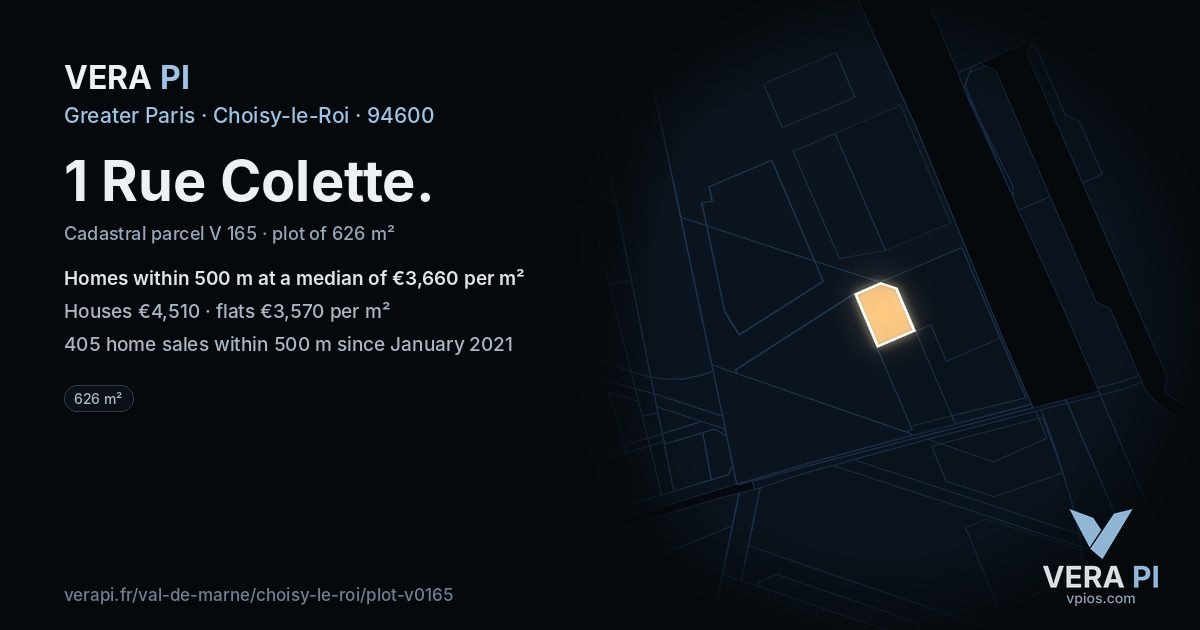 1 Rue Colette, Choisy-le-Roi at night – the plot lit, the parcels around coloured by the prices near them