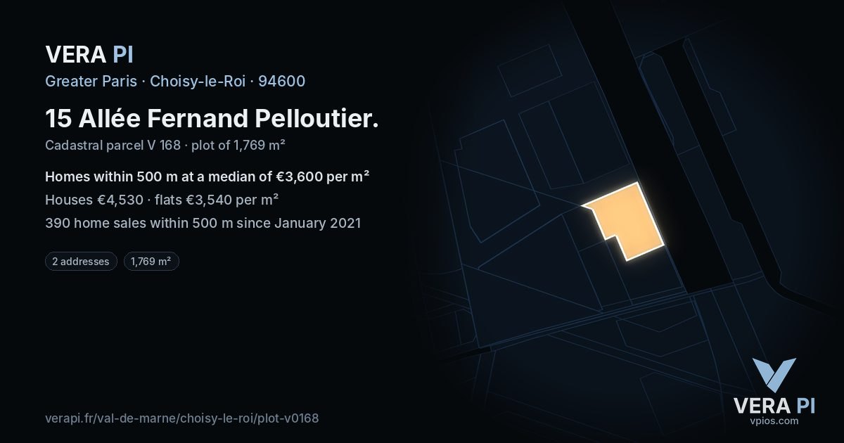 15 Allée Fernand Pelloutier, Choisy-le-Roi at night – the plot lit, the parcels around coloured by the prices near them