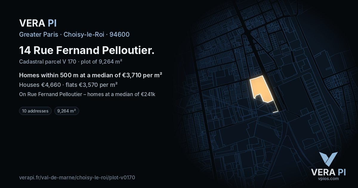 14 Rue Fernand Pelloutier, Choisy-le-Roi at night – the plot lit, the parcels around coloured by the prices near them
