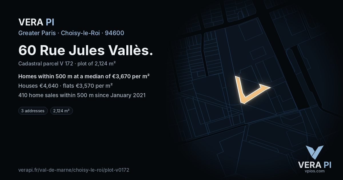 60 Rue Jules Vallès, Choisy-le-Roi at night – the plot lit, the parcels around coloured by the prices near them