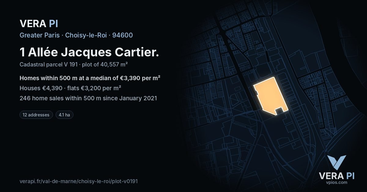 1 Allée Jacques Cartier, Choisy-le-Roi at night – the plot lit, the parcels around coloured by the prices near them