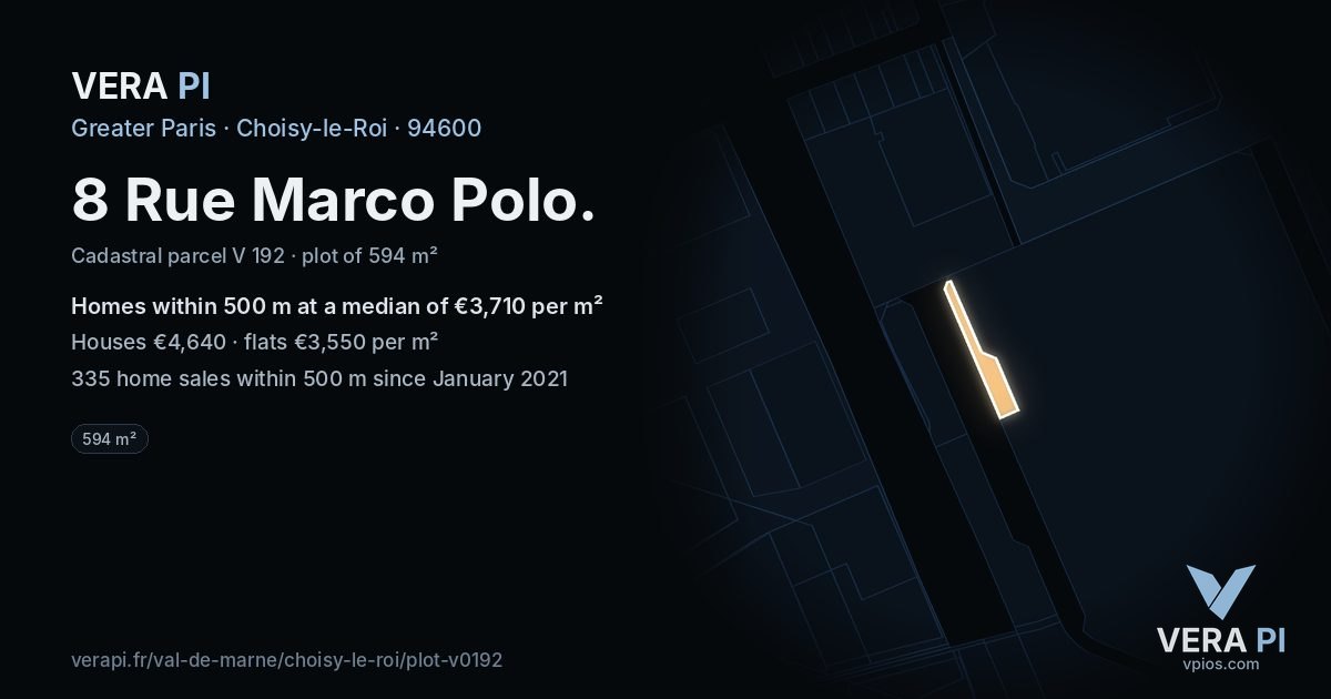 8 Rue Marco Polo, Choisy-le-Roi at night – the plot lit, the parcels around coloured by the prices near them