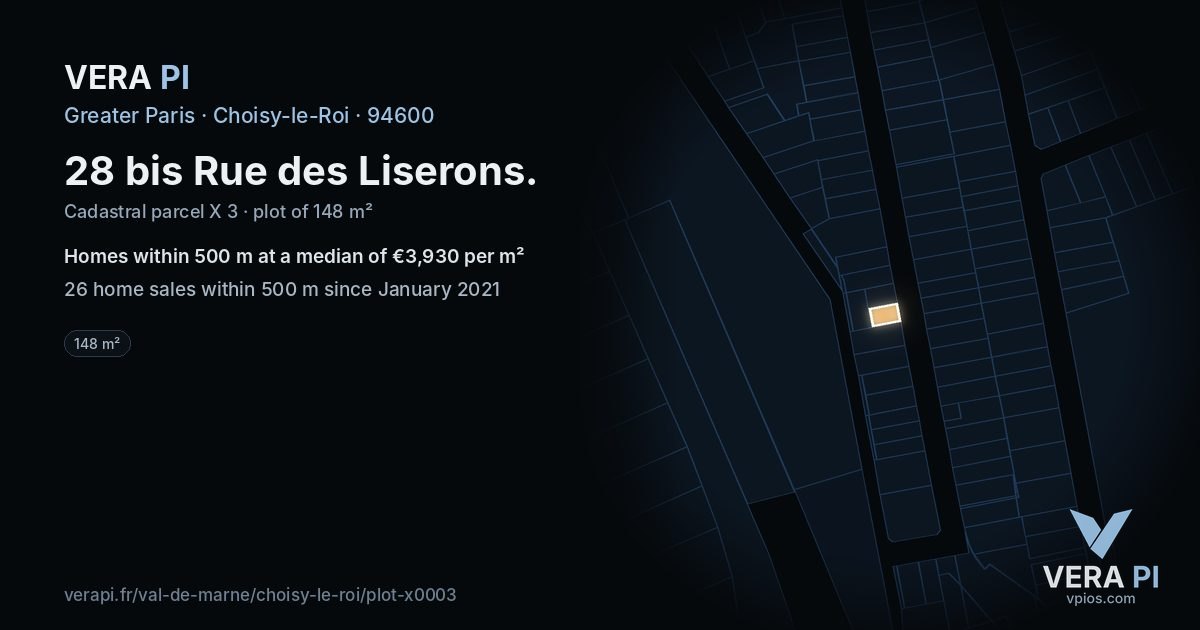 28 bis Rue des Liserons, Choisy-le-Roi at night – the plot lit, the parcels around coloured by the prices near them