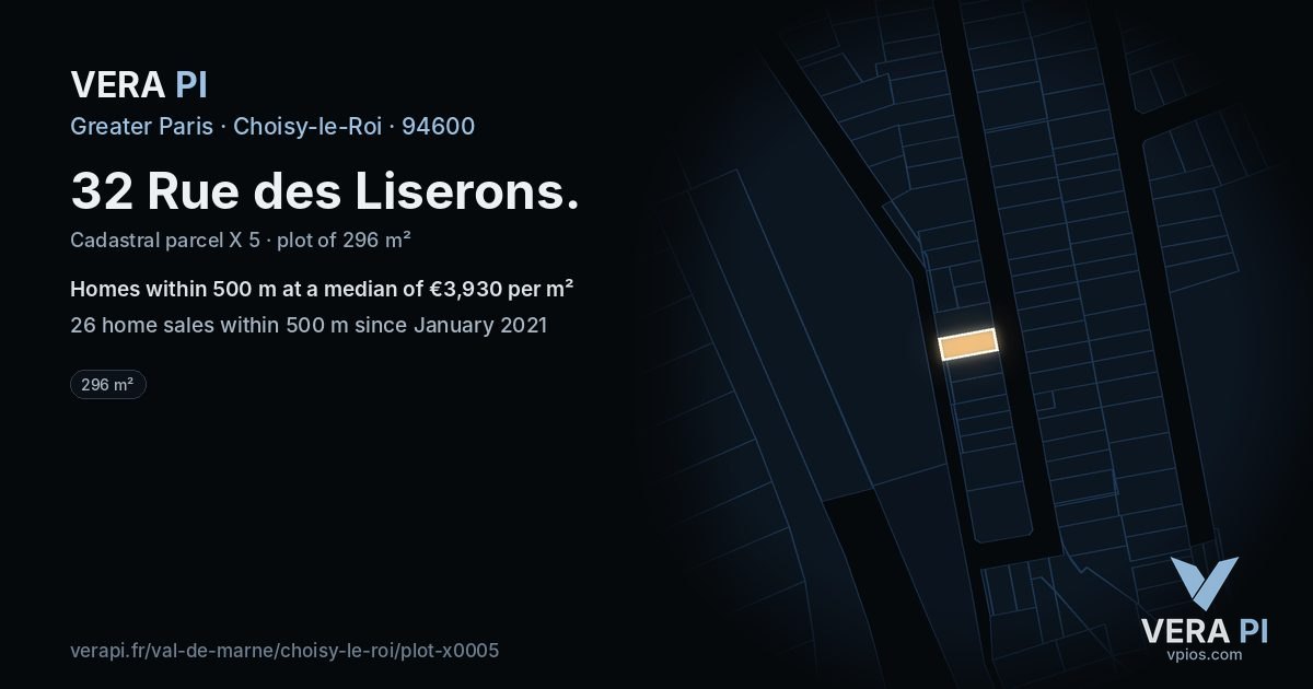32 Rue des Liserons, Choisy-le-Roi at night – the plot lit, the parcels around coloured by the prices near them
