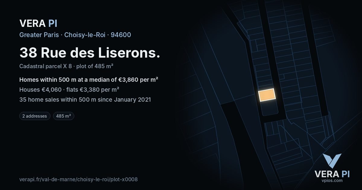 38 Rue des Liserons, Choisy-le-Roi at night – the plot lit, the parcels around coloured by the prices near them