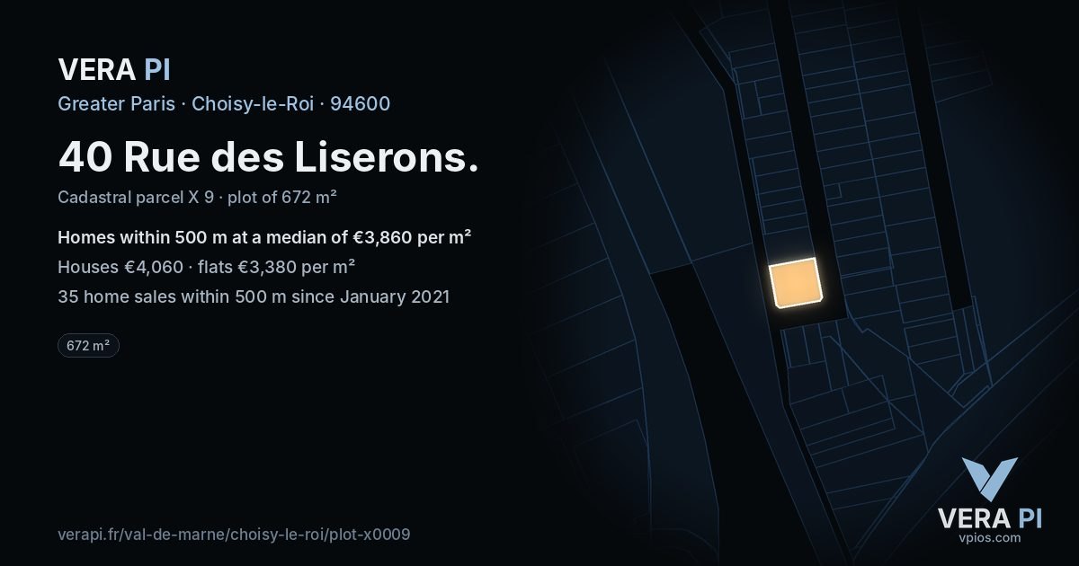 40 Rue des Liserons, Choisy-le-Roi at night – the plot lit, the parcels around coloured by the prices near them