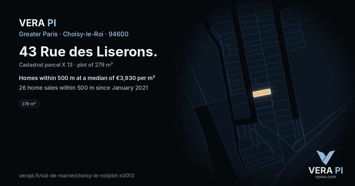 43 Rue des Liserons, Choisy-le-Roi at night – the plot lit, the parcels around coloured by the prices near them