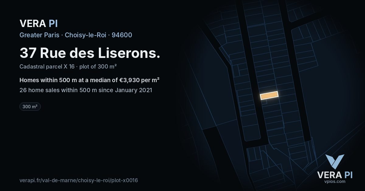 37 Rue des Liserons, Choisy-le-Roi at night – the plot lit, the parcels around coloured by the prices near them