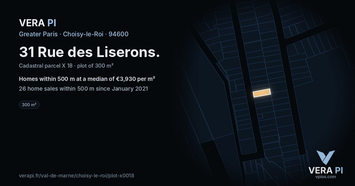 31 Rue des Liserons, Choisy-le-Roi at night – the plot lit, the parcels around coloured by the prices near them