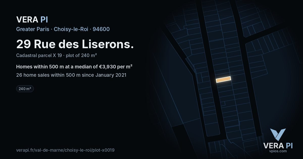 29 Rue des Liserons, Choisy-le-Roi at night – the plot lit, the parcels around coloured by the prices near them