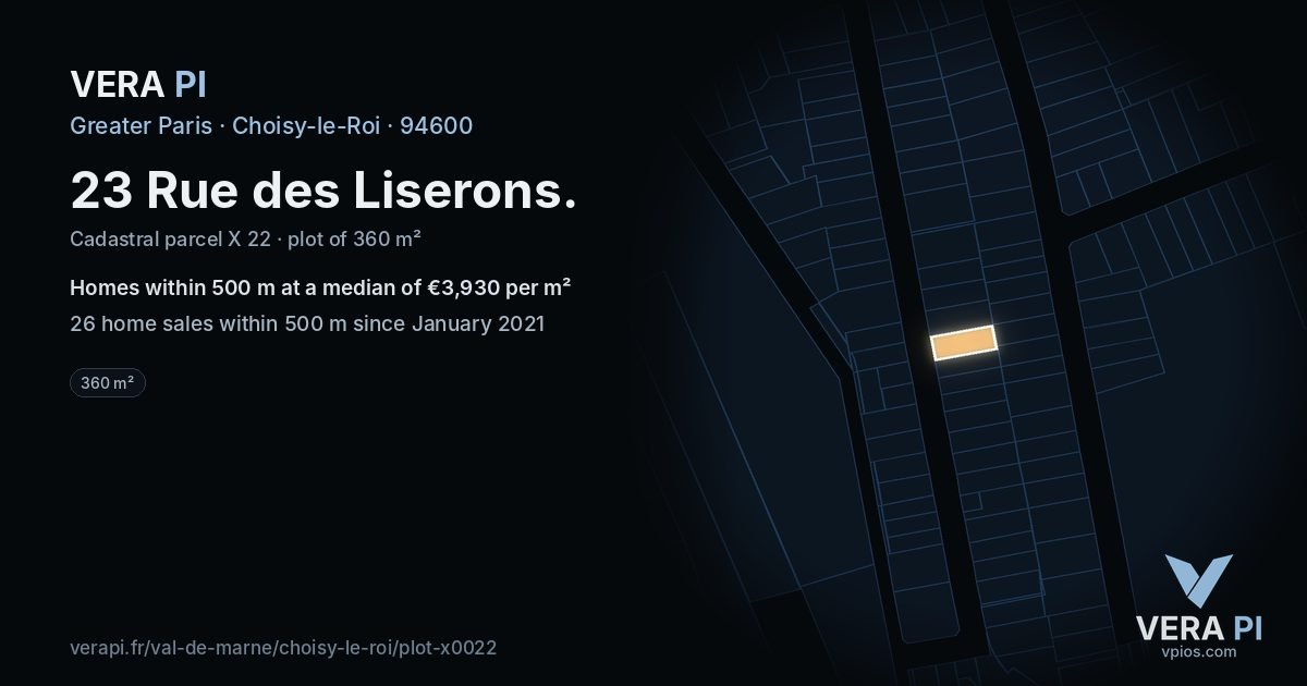 23 Rue des Liserons, Choisy-le-Roi at night – the plot lit, the parcels around coloured by the prices near them