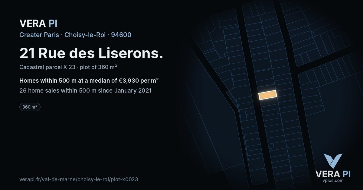 21 Rue des Liserons, Choisy-le-Roi at night – the plot lit, the parcels around coloured by the prices near them