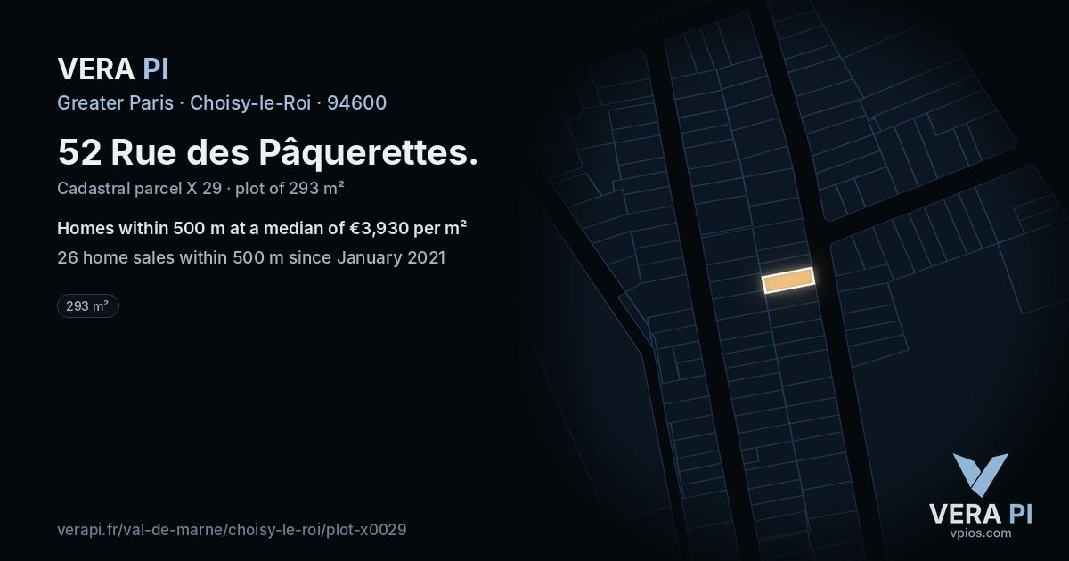 52 Rue des Pâquerettes, Choisy-le-Roi at night – the plot lit, the parcels around coloured by the prices near them