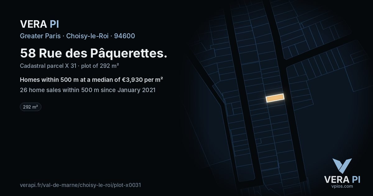 58 Rue des Pâquerettes, Choisy-le-Roi at night – the plot lit, the parcels around coloured by the prices near them