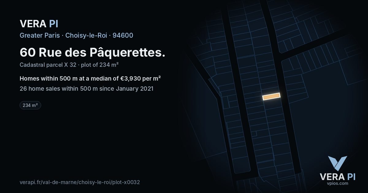 60 Rue des Pâquerettes, Choisy-le-Roi at night – the plot lit, the parcels around coloured by the prices near them