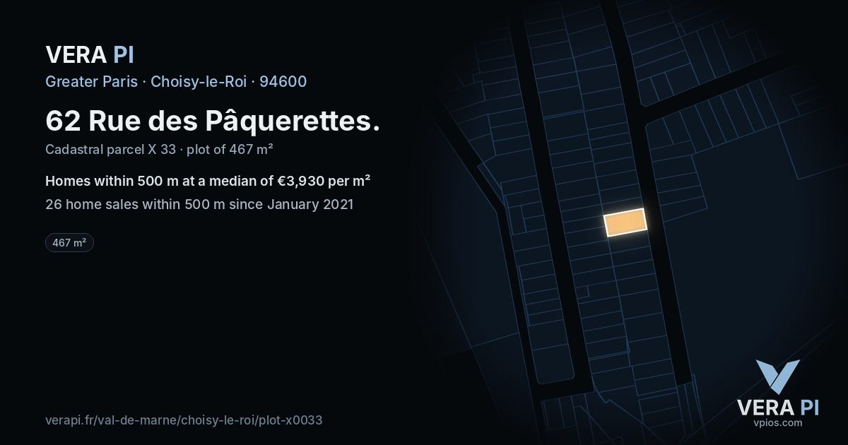 62 Rue des Pâquerettes, Choisy-le-Roi at night – the plot lit, the parcels around coloured by the prices near them