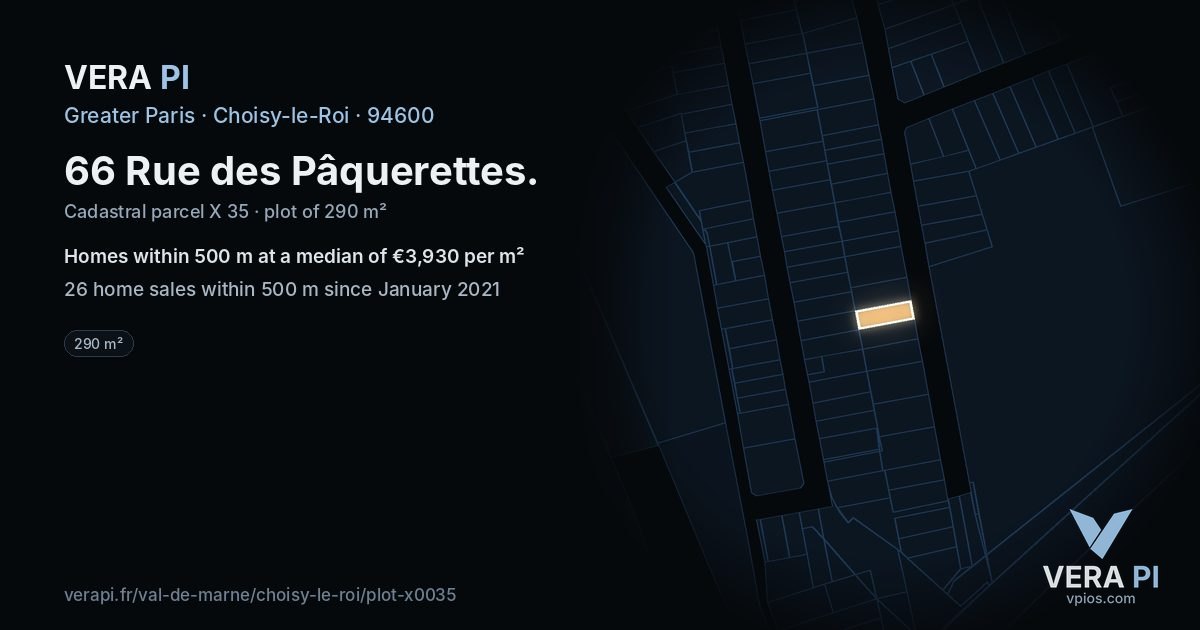 66 Rue des Pâquerettes, Choisy-le-Roi at night – the plot lit, the parcels around coloured by the prices near them