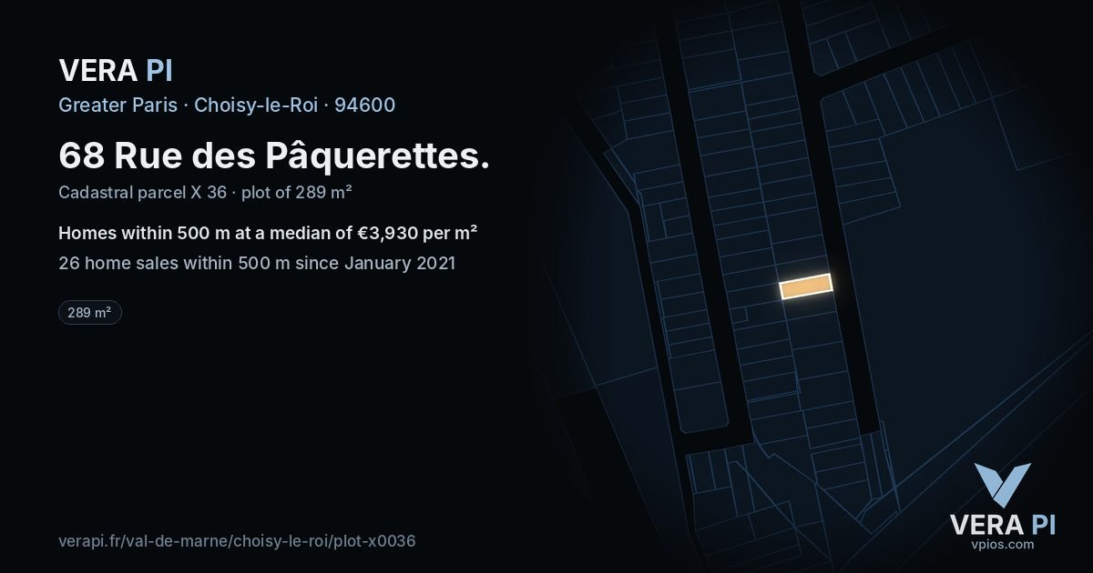 68 Rue des Pâquerettes, Choisy-le-Roi at night – the plot lit, the parcels around coloured by the prices near them