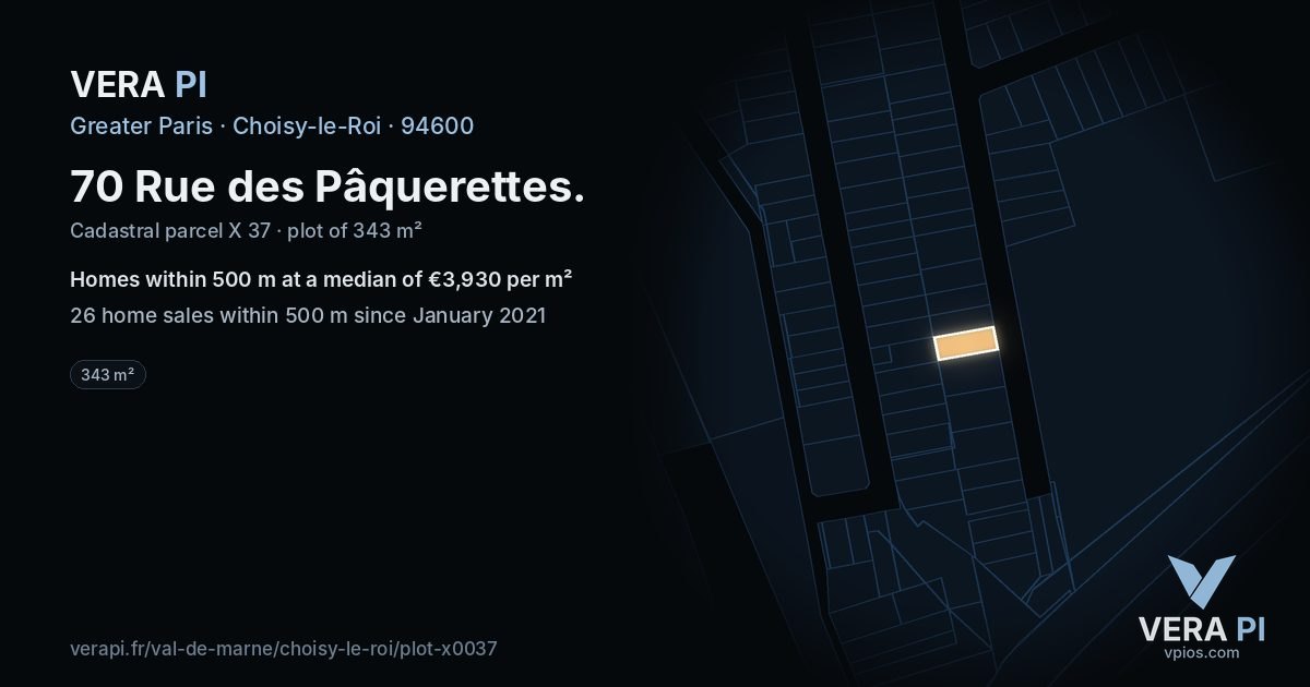 70 Rue des Pâquerettes, Choisy-le-Roi at night – the plot lit, the parcels around coloured by the prices near them