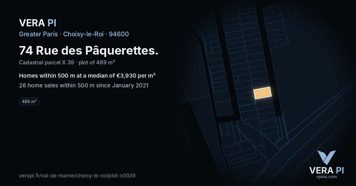 74 Rue des Pâquerettes, Choisy-le-Roi at night – the plot lit, the parcels around coloured by the prices near them