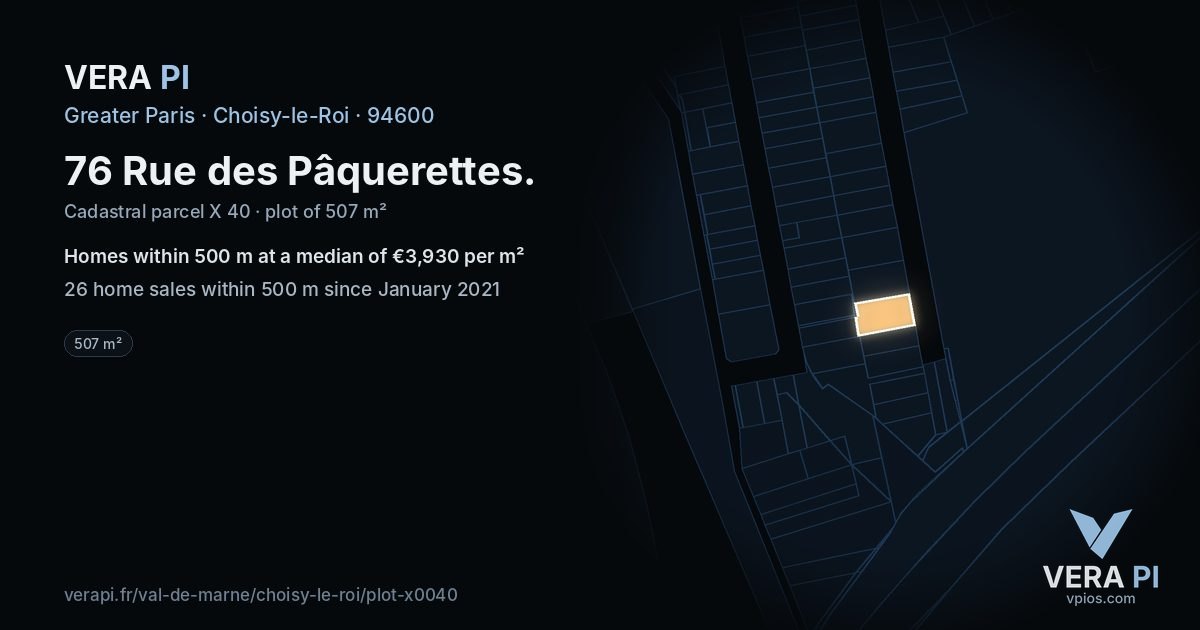 76 Rue des Pâquerettes, Choisy-le-Roi at night – the plot lit, the parcels around coloured by the prices near them