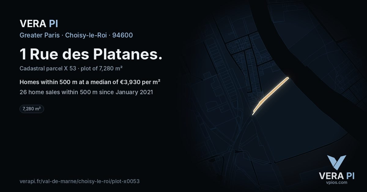 1 Rue des Platanes, Choisy-le-Roi at night – the plot lit, the parcels around coloured by the prices near them